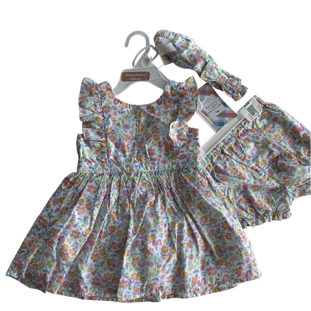 Tommy Bahama Floral 3‎ Piece Pinafore Dress Set Headband Bloomers Baby Girl 6-9M